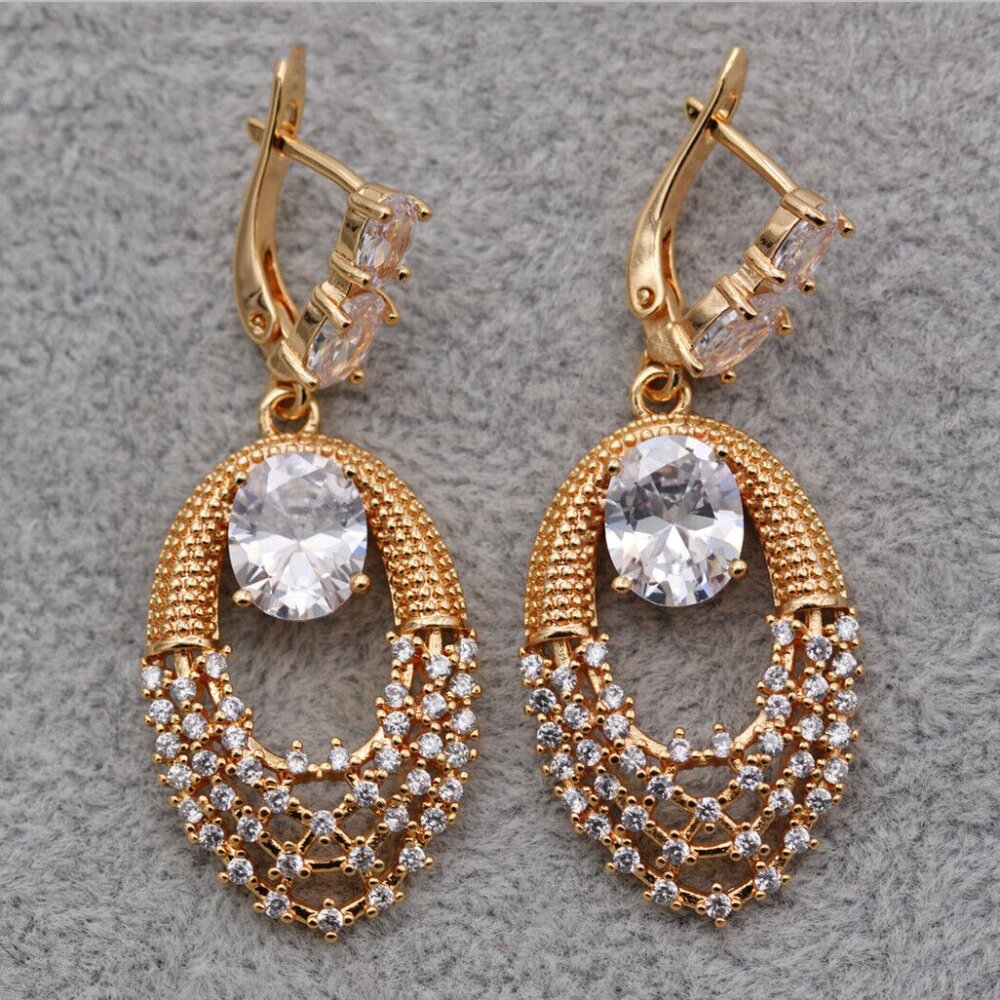 18K Yellow Gold Filled Geometric Modern Oval Diamond Zircon Drop Dangle Earrings